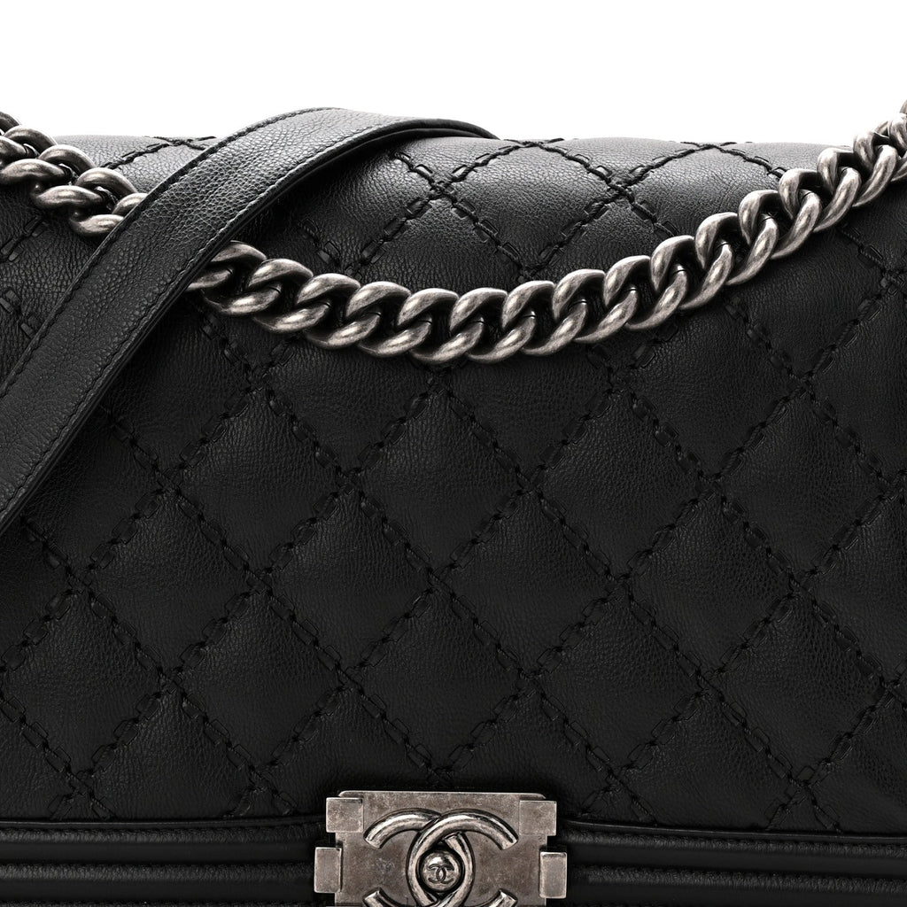 Calfskin Quilted Double Stitched New Medium Boy Flap Black