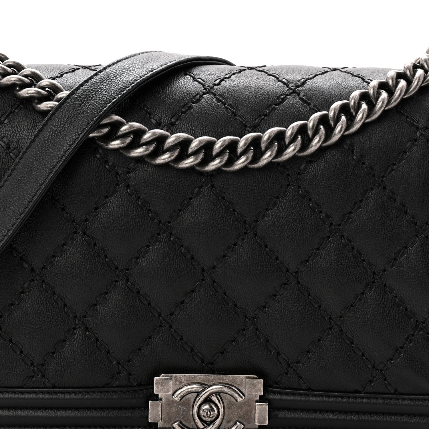 Calfskin Quilted Double Stitched New Medium Boy Flap Black