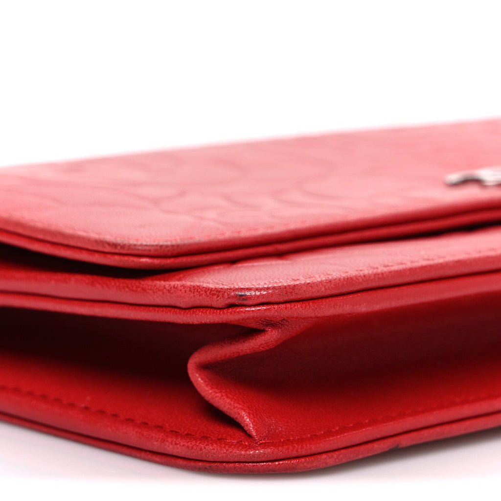 Lambskin Camellia Embossed Wallet on Chain WOC Red