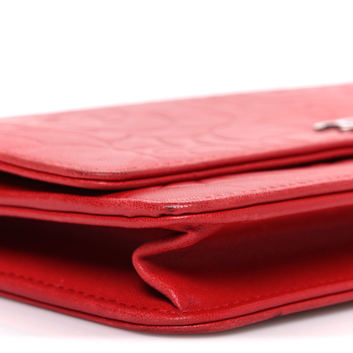 Lambskin Camellia Embossed Wallet on Chain WOC Red