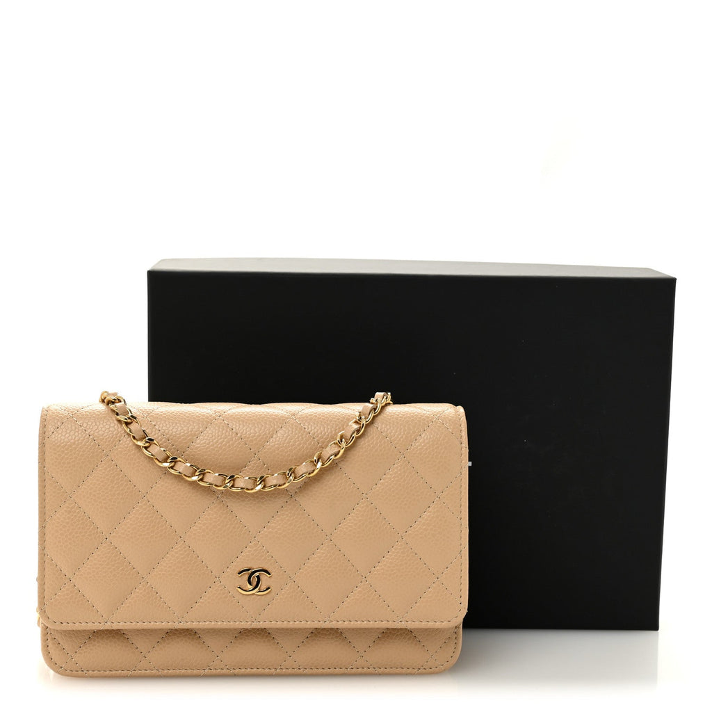 Caviar Quilted Wallet on Chain WOC Beige