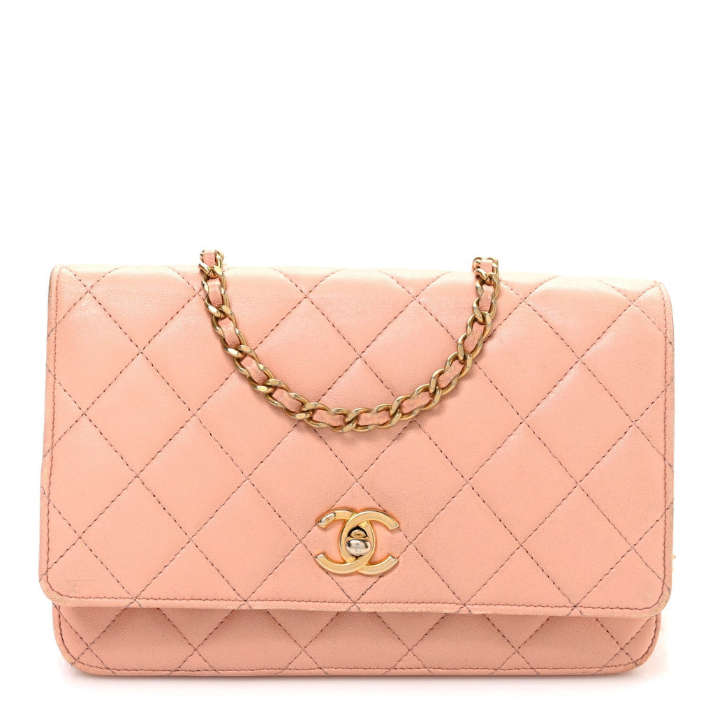Lambskin Quilted CC Pearl Crush Wallet on Chain WOC Light Orange