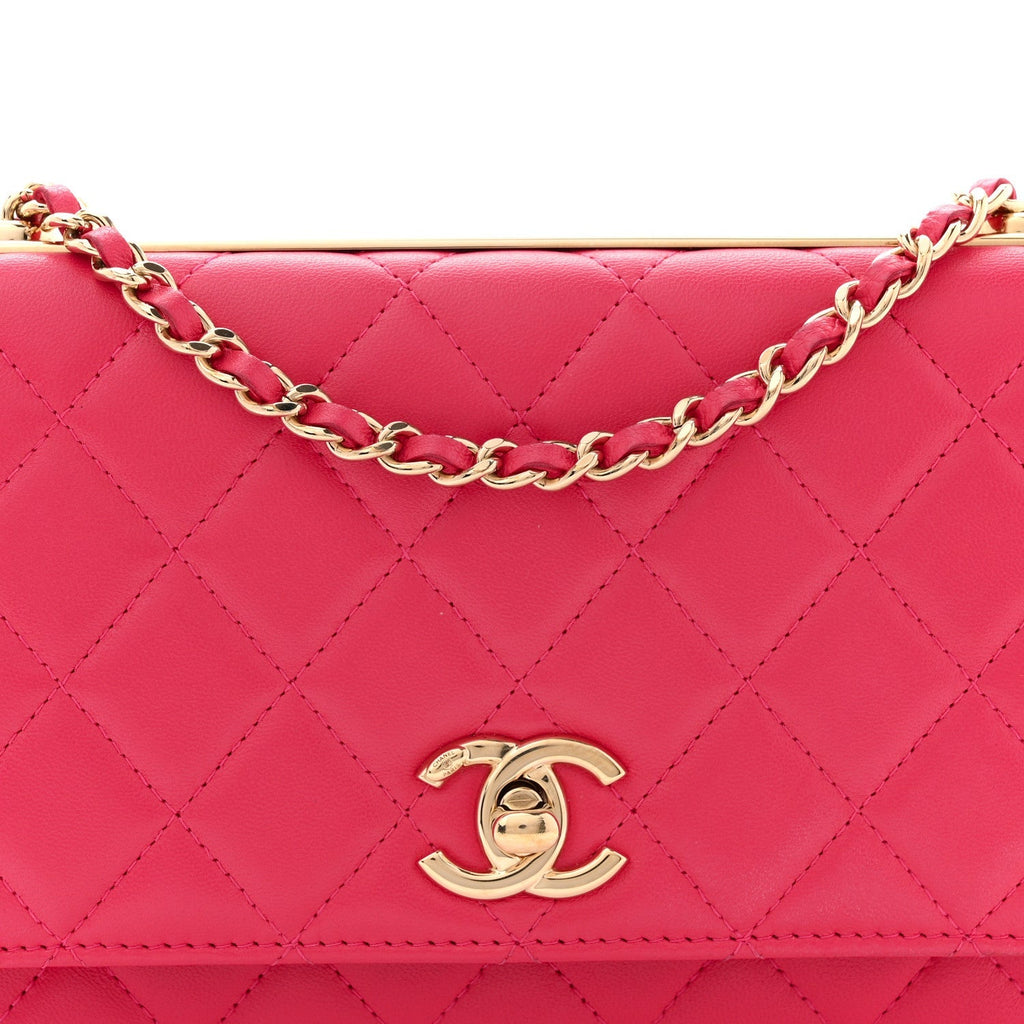 Lambskin Quilted Trendy CC Wallet On Chain WOC Dark Pink