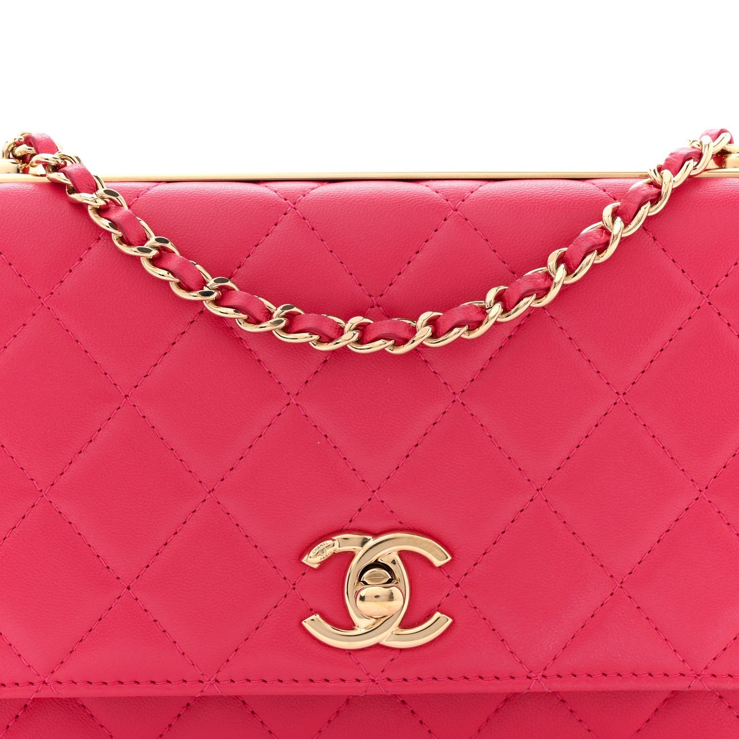 Lambskin Quilted Trendy CC Wallet On Chain WOC Dark Pink