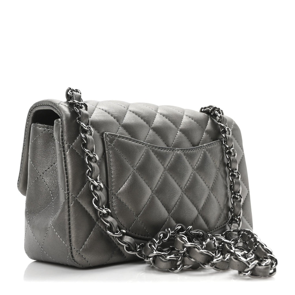 Metallic Lambskin Quilted Mini Rectangular Flap  Dark Grey