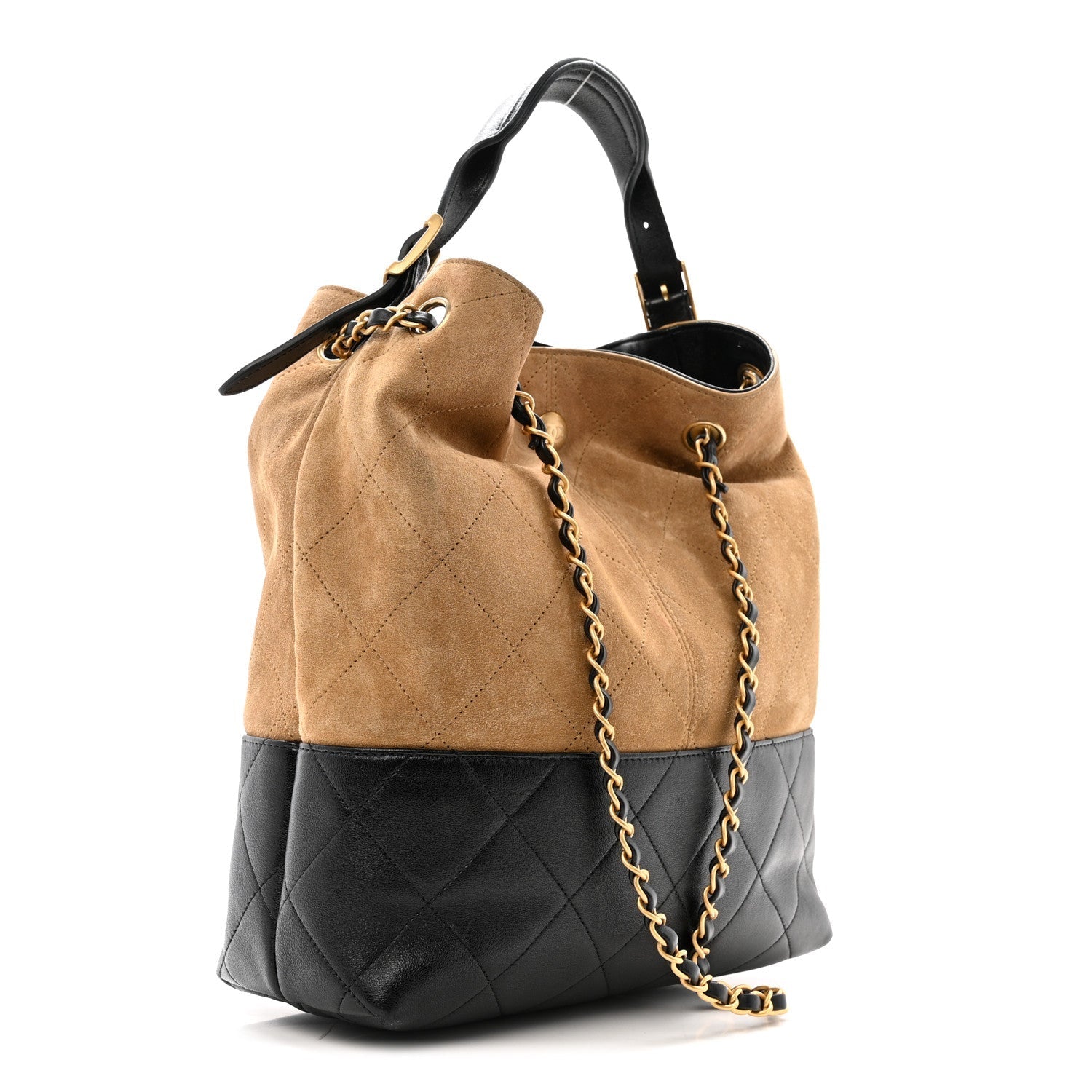 Suede Calfskin Shiny Lambskin Quilted Coco Base Shopping Bag Beige Black