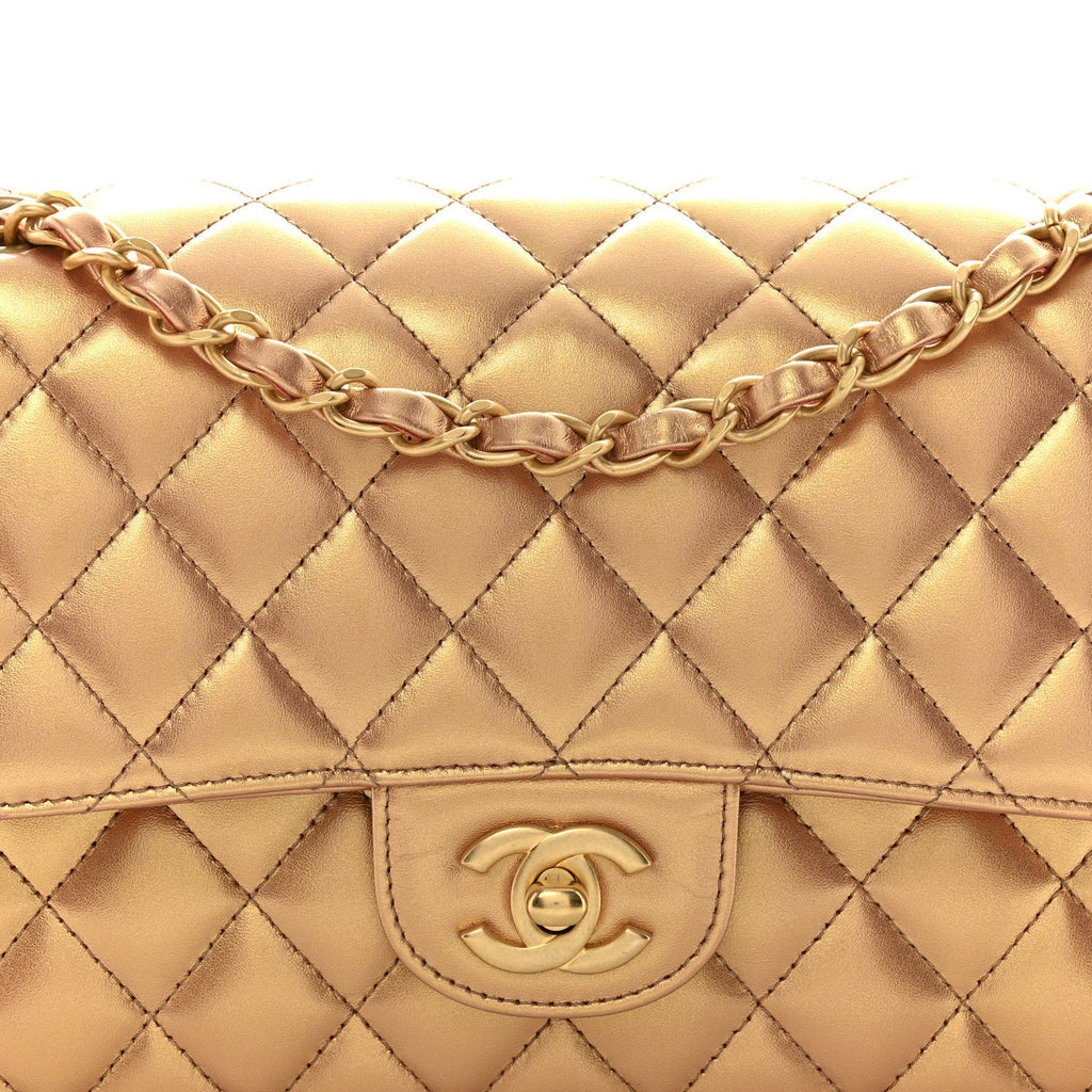 Metallic Lambskin Quilted Medium Double Flap Golden
