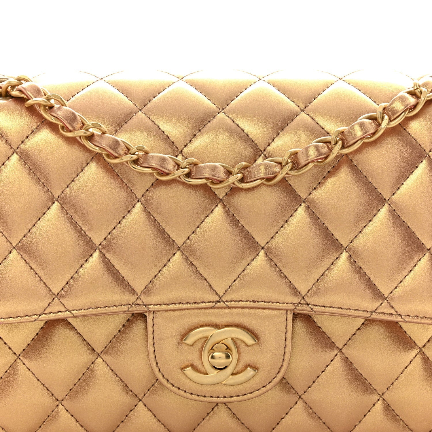 Metallic Lambskin Quilted Medium Double Flap Golden