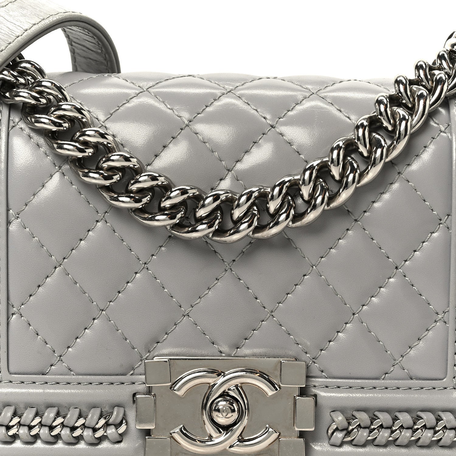 Iridescent Lambskin Quilted Small Chain Around Boy Flap Grey