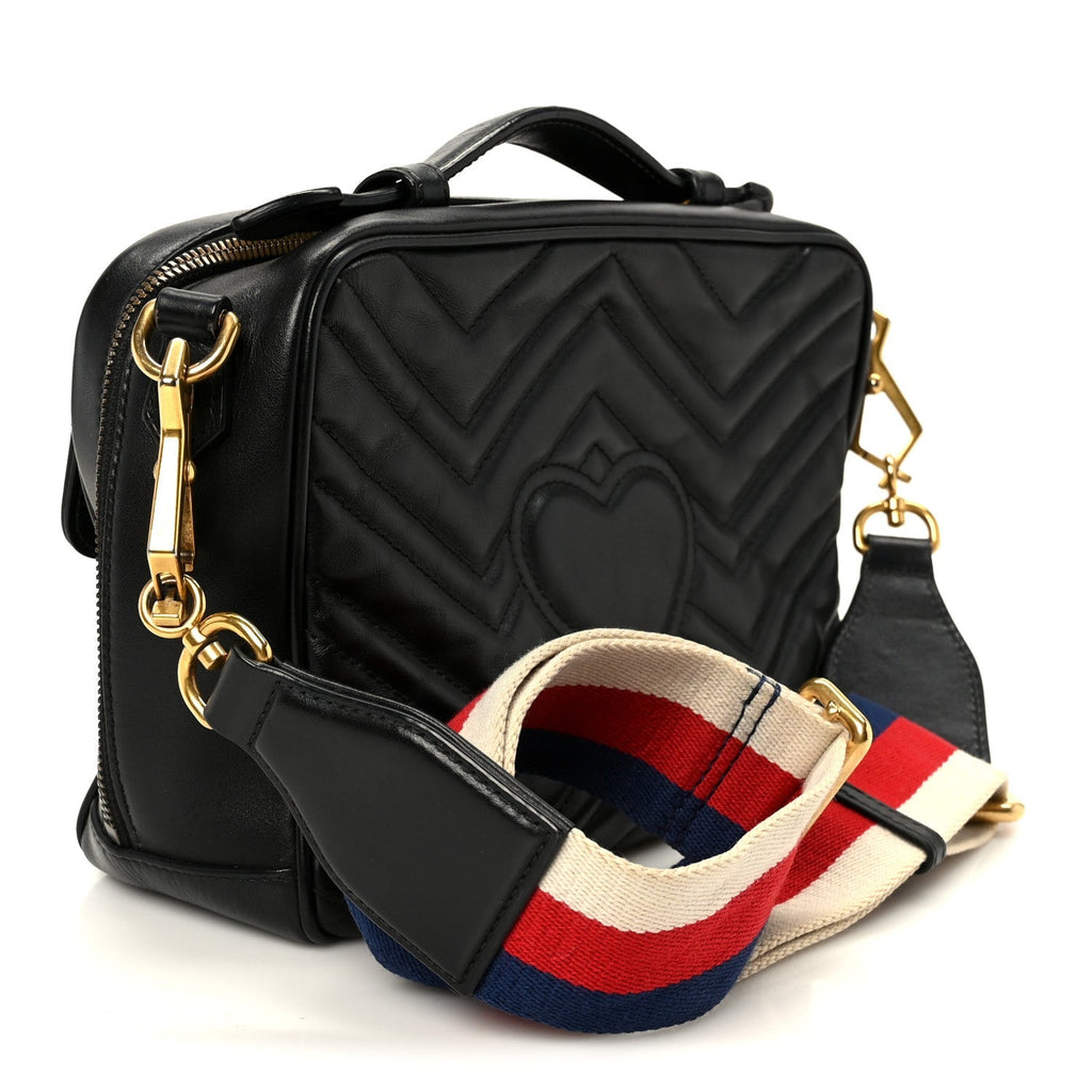 Calfskin Matelasse Sylvie Web Small GG Marmont Top Handle Shoulder Bag Black
