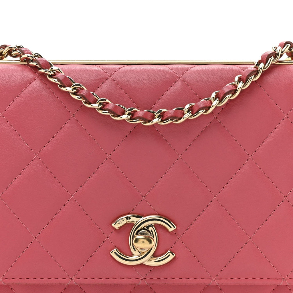 Lambskin Quilted Trendy CC Wallet On Chain WOC Bright Pink