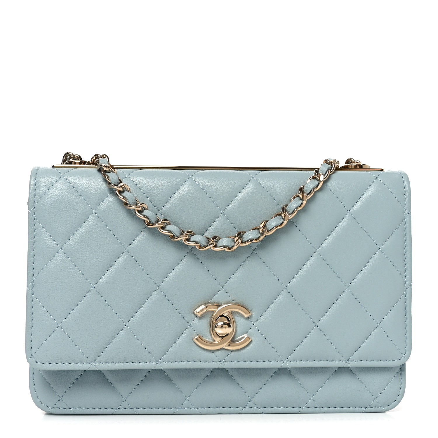 Lambskin Quilted Trendy CC Wallet On Chain WOC Light Blue