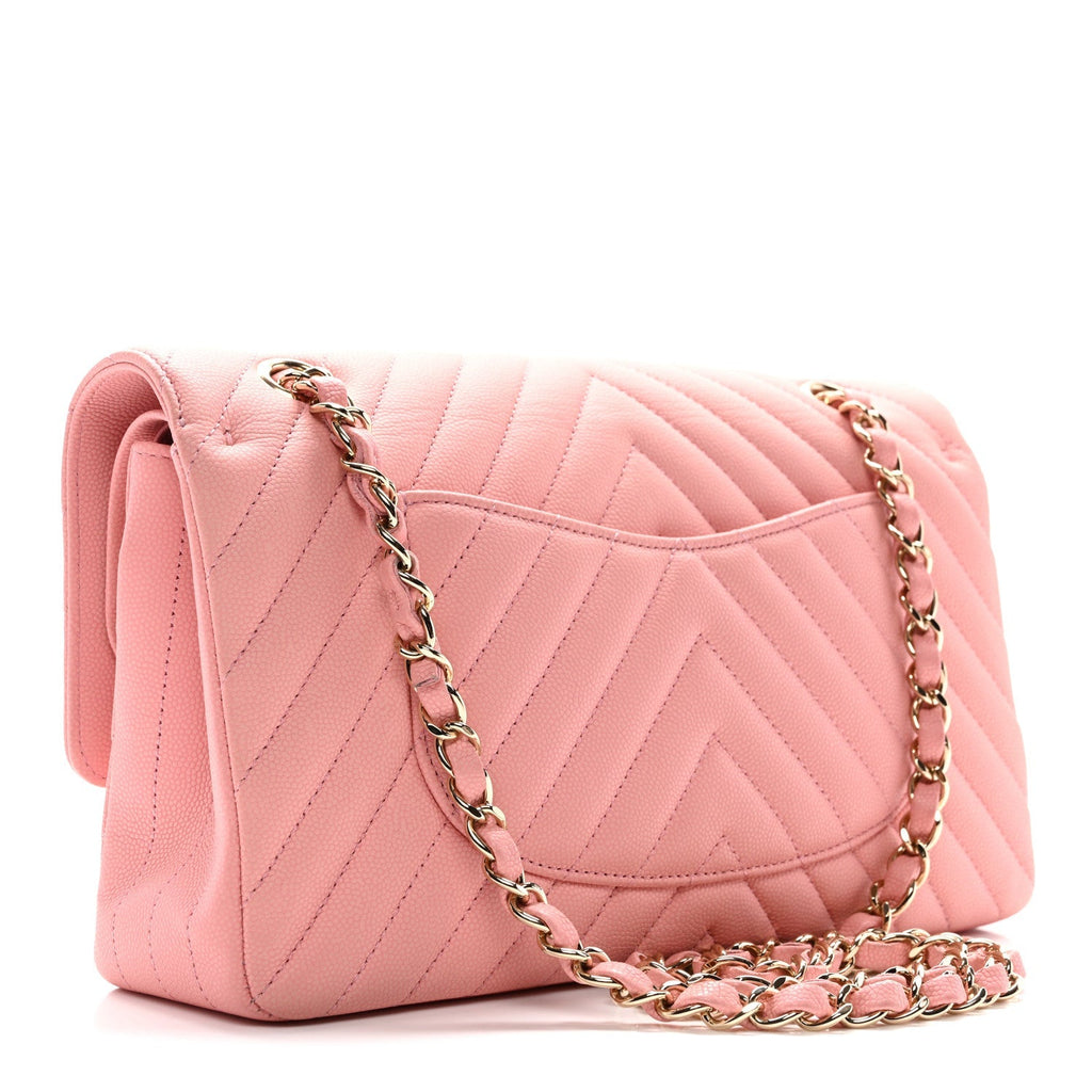 Caviar Flat Chevron Quilted Medium Double Flap Pink