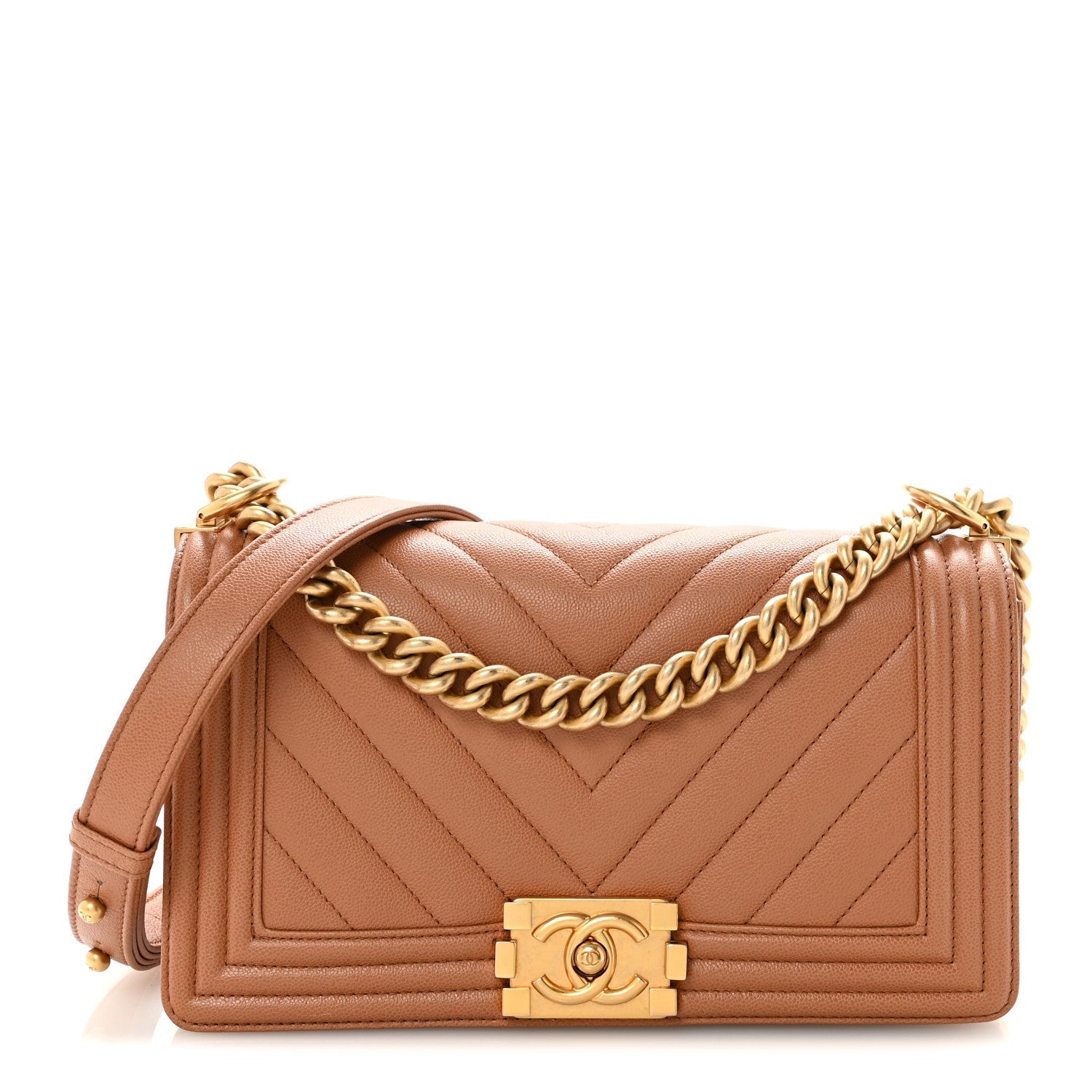 Caviar Chevron Quilted Medium Boy Flap Brown