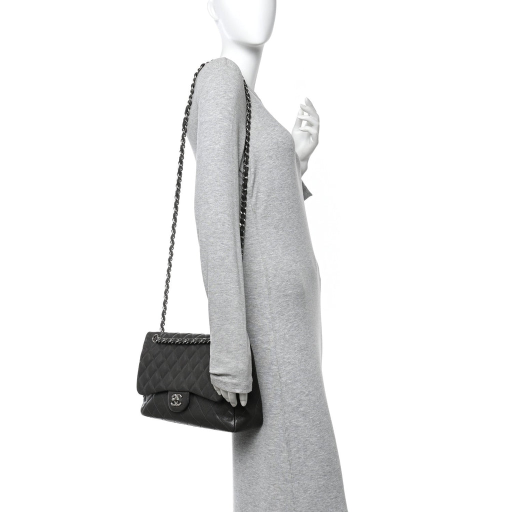 Caviar Quilted Jumbo Double Flap Grey