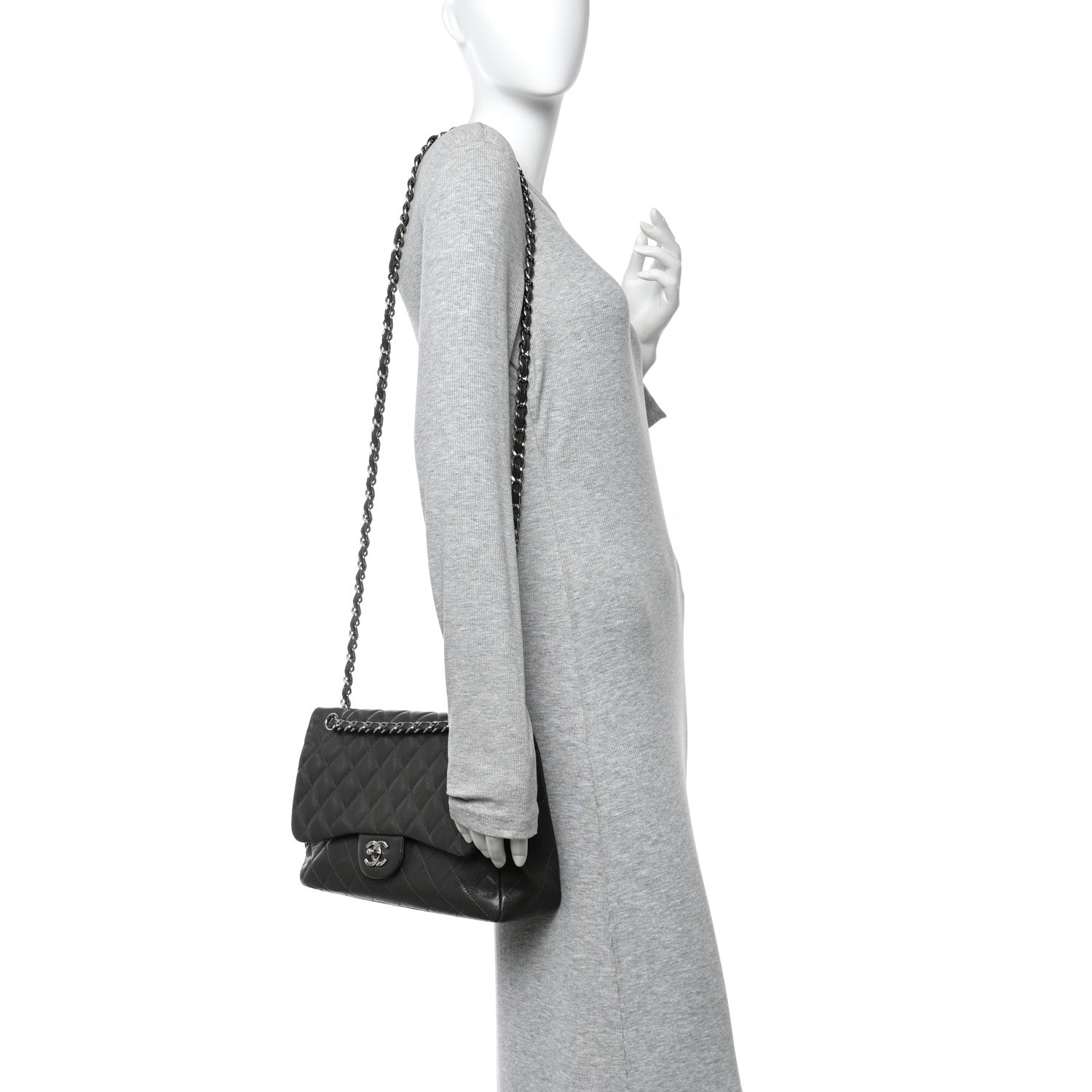 Caviar Quilted Jumbo Double Flap Grey