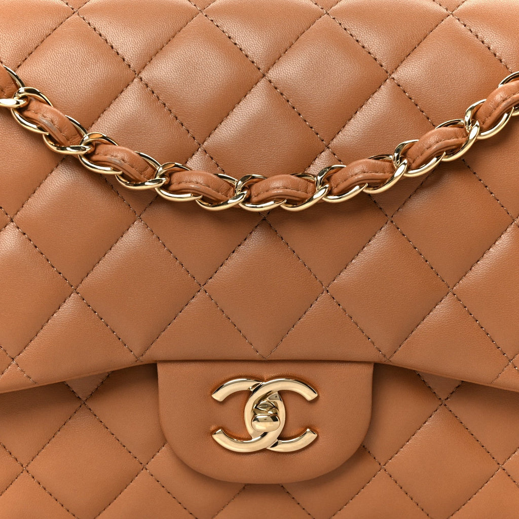 Lambskin Quilted Jumbo Double Flap Dark Beige