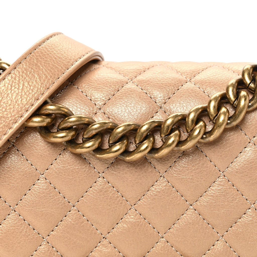 Pearl Calfskin Quilted Small Boy Flap Gold