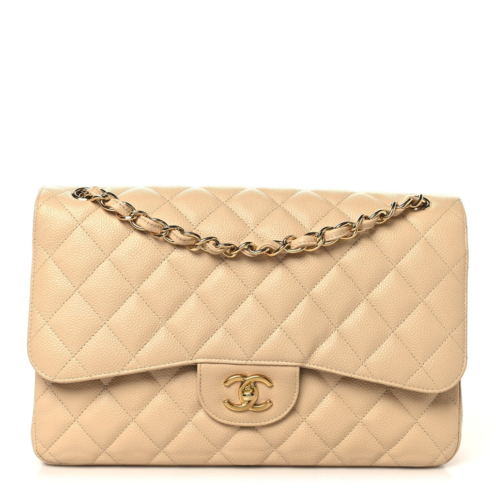 Caviar Quilted Jumbo Double Flap Beige Clair