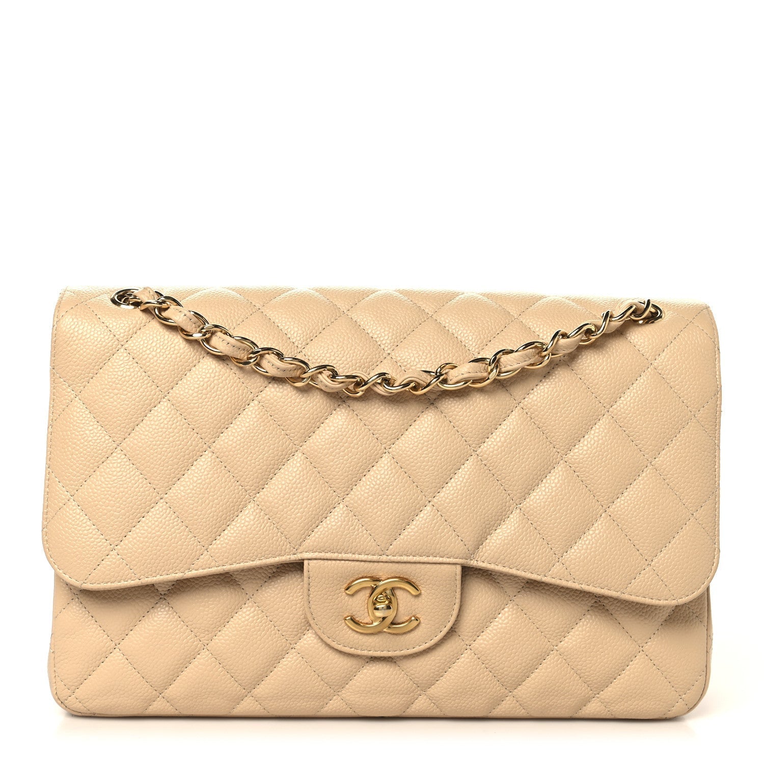 Caviar Quilted Jumbo Double Flap Beige Clair