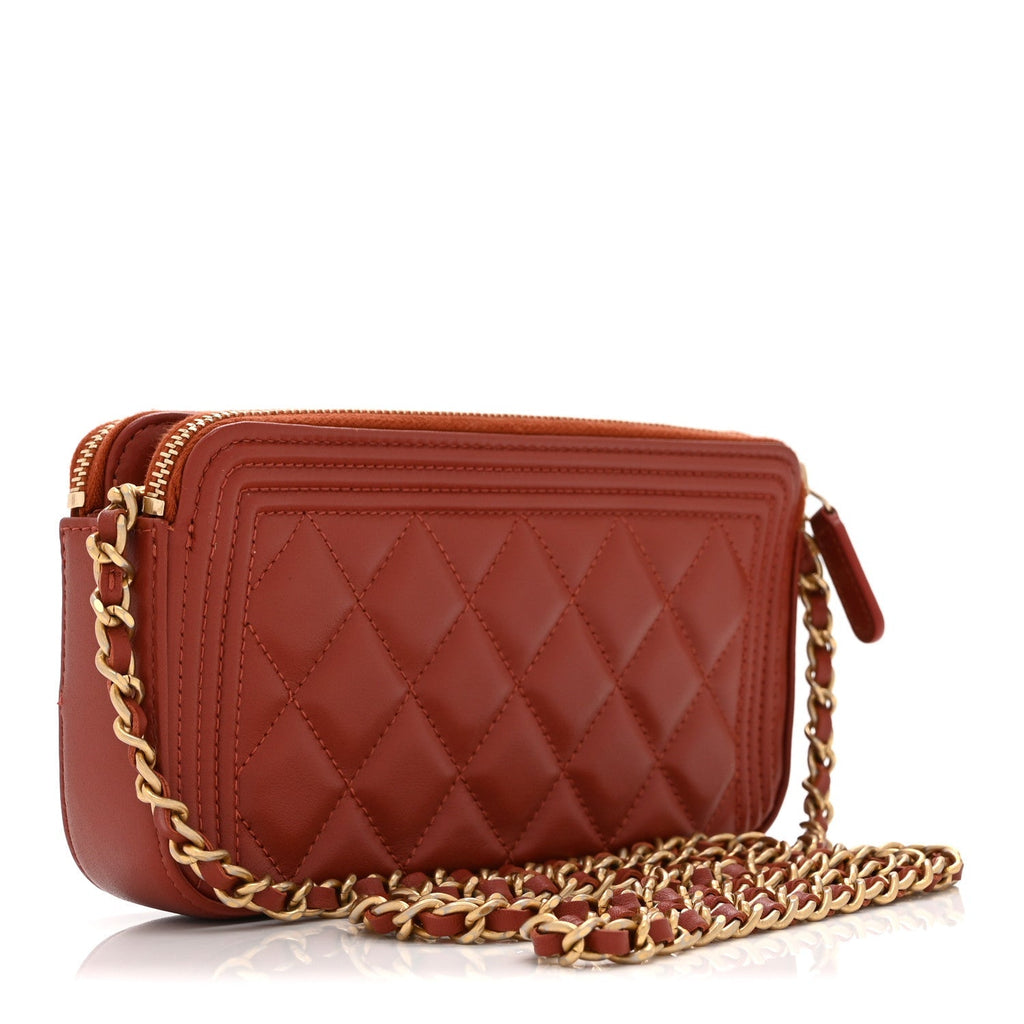 Lambskin Quilted Small Boy Clutch With Chain Orange