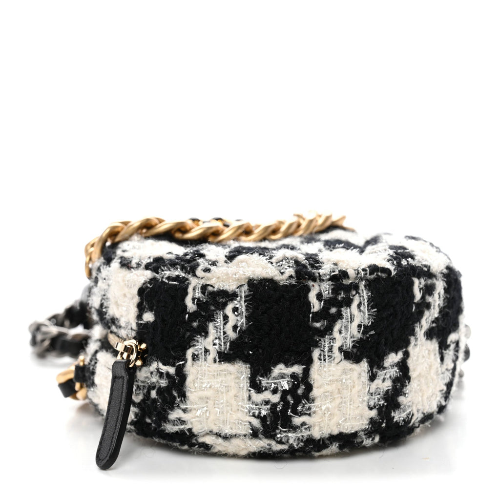 Wool Tweed Lambskin Quilted Chanel 19 Round Clutch With Chain and Coin Purse Black White