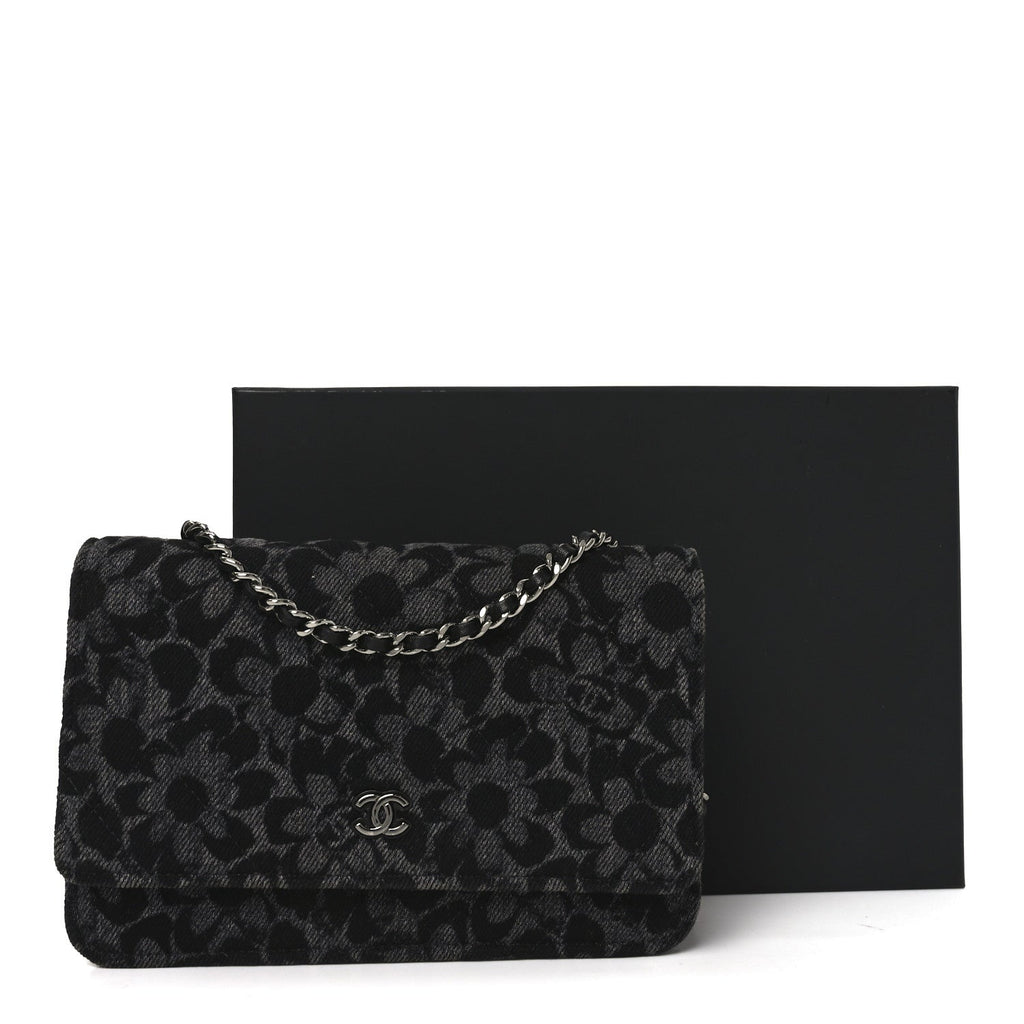 Printed Denim Quilted Flower Wallet On Chain WOC Black