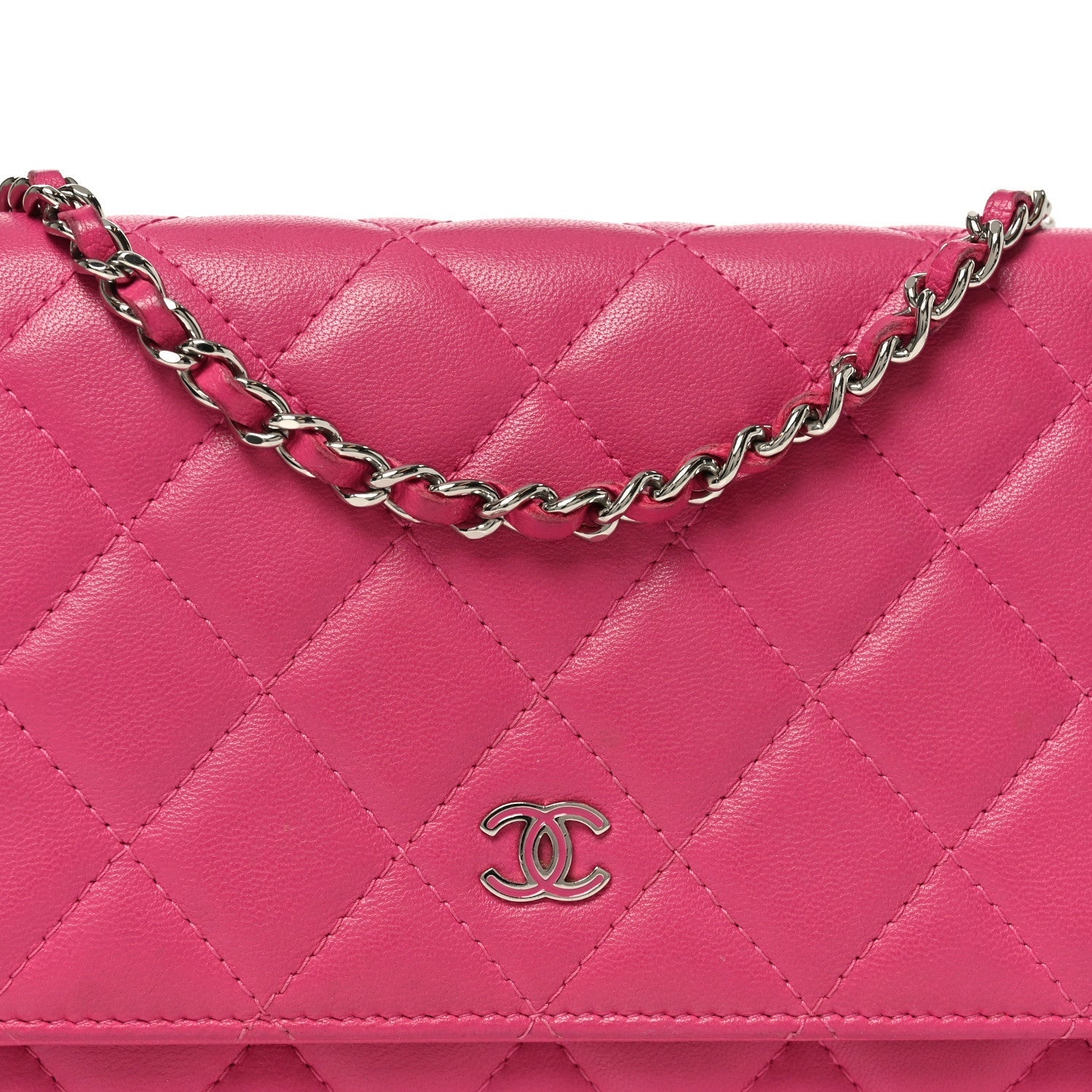 Lambskin Quilted Wallet On Chain WOC Dark Pink