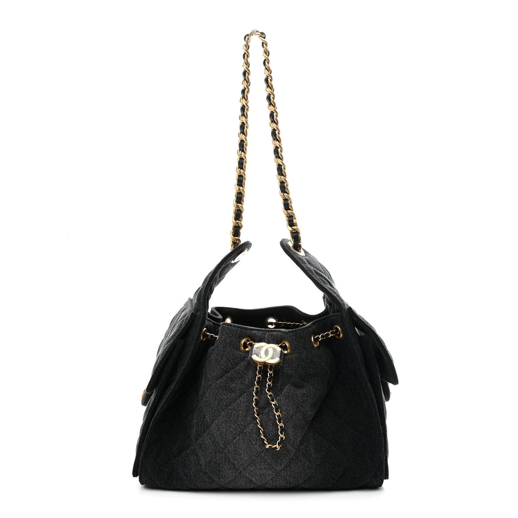 Washed Denim Quilted Small Chanel 25 Handbag Black