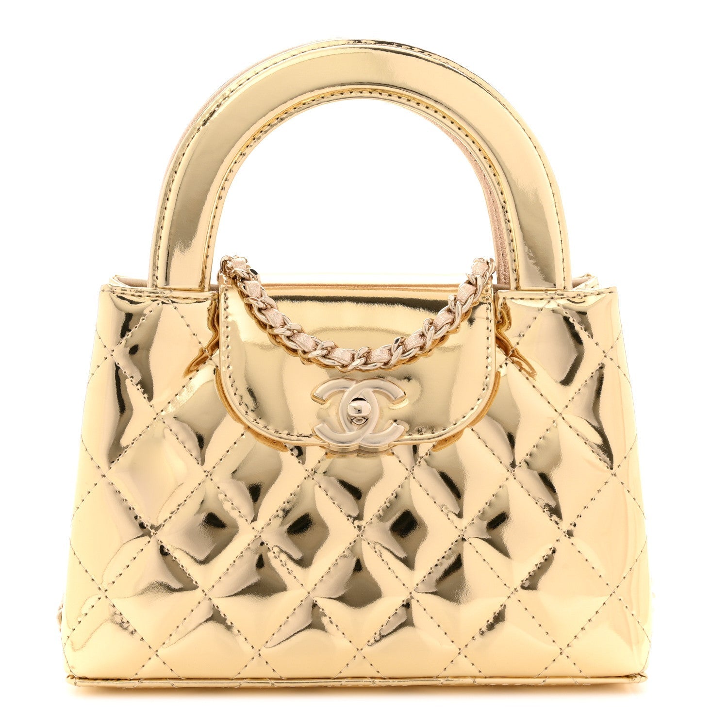 Mirror Calfskin Metallic Calfskin Quilted Nano Kelly Shopper Gold