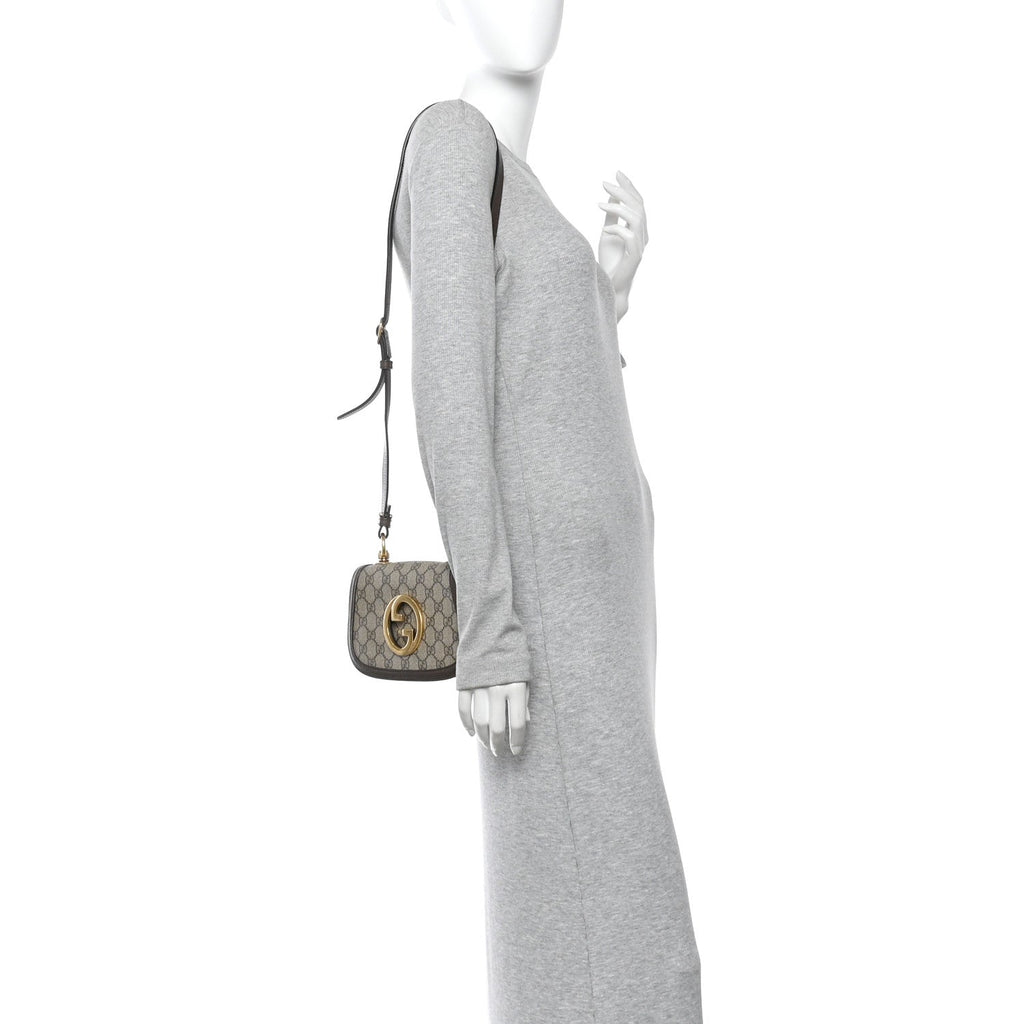 GG Supreme Monogram Textured Dollar Calfskin Mini Blondie Chain Shoulder Flap Bag Beige Ebony New Acero