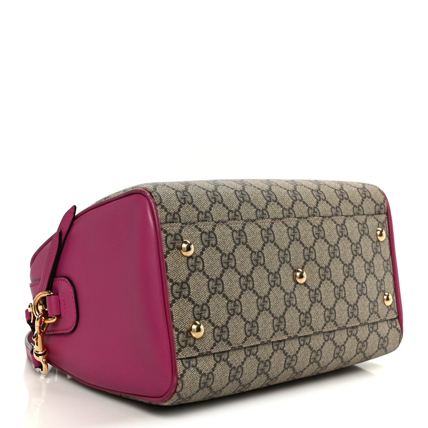 GG Supreme Monogram Moon Calfskin Small Boston Beige Ebony Hibiscus Red New Rosette