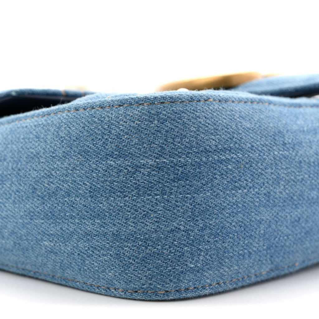 Denim Matelasse Pearl Studded Mini GG Marmont Shoulder Bag Blue