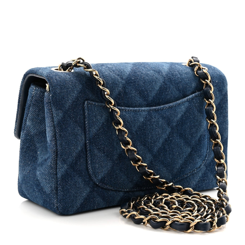 Printed Denim Quilted Mini Rectangular Flap Dark Blue