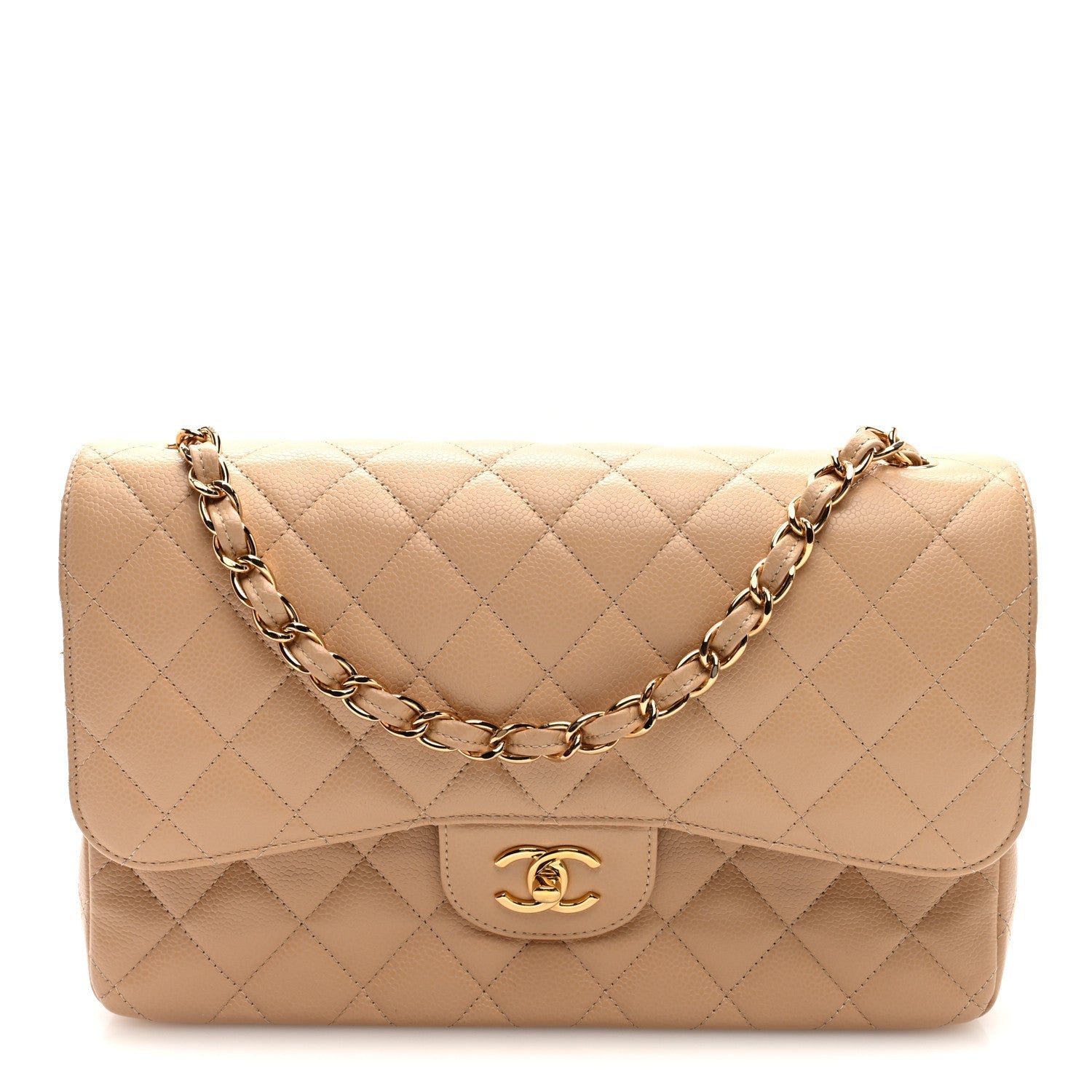 Caviar Quilted Jumbo Double Flap Light Beige