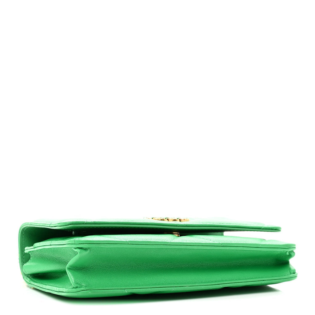 Shiny Goatskin Quilted Chanel 19 Wallet On Chain WOC Green