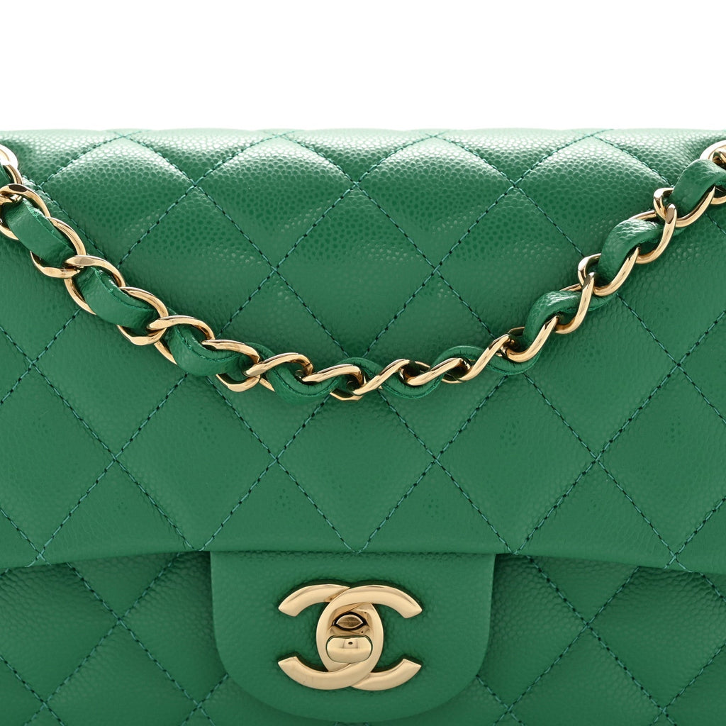 Caviar Quilted Small Double Flap Green