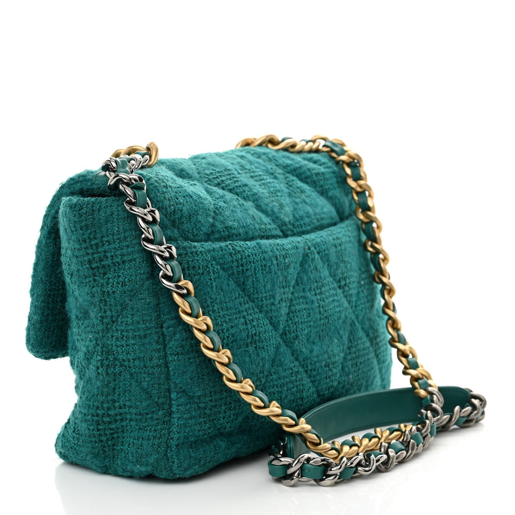 Tweed Quilted Large Chanel 19 Flap Green
