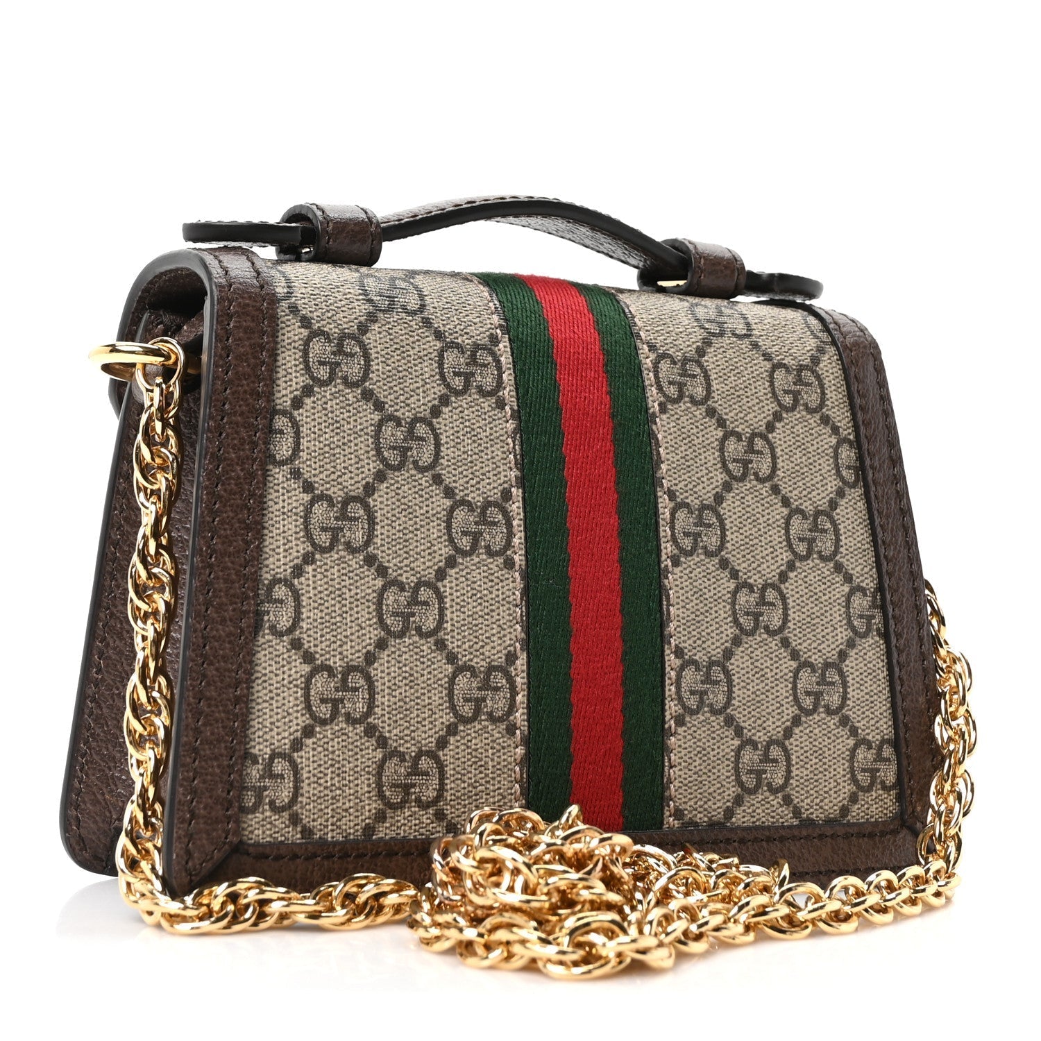 GG Supreme Monogram Textured Dollar Calfskin Web Mini Ophidia Padlock Top Handle Chain Shoulder Bag Beige Ebony New Acero