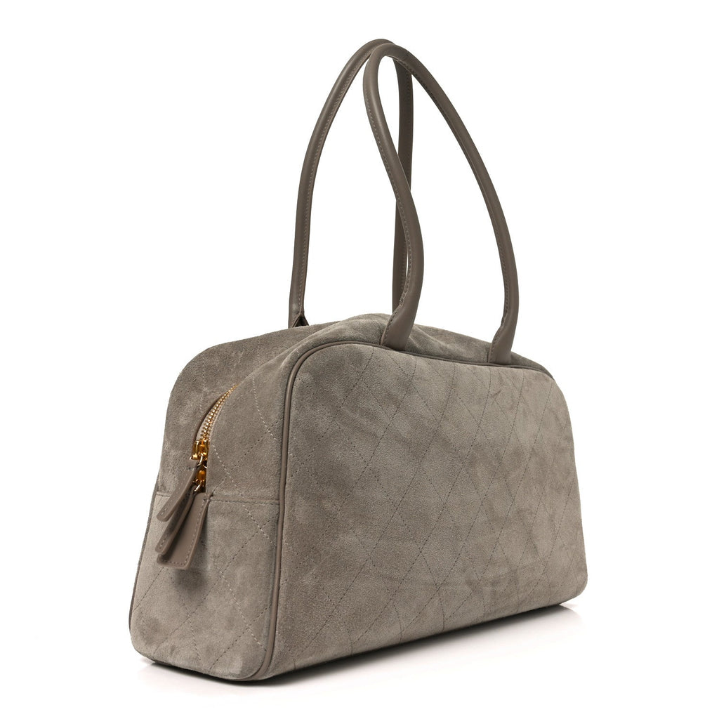 Suede Calfskin Quilted Large Perfect Bowling Bag Grey