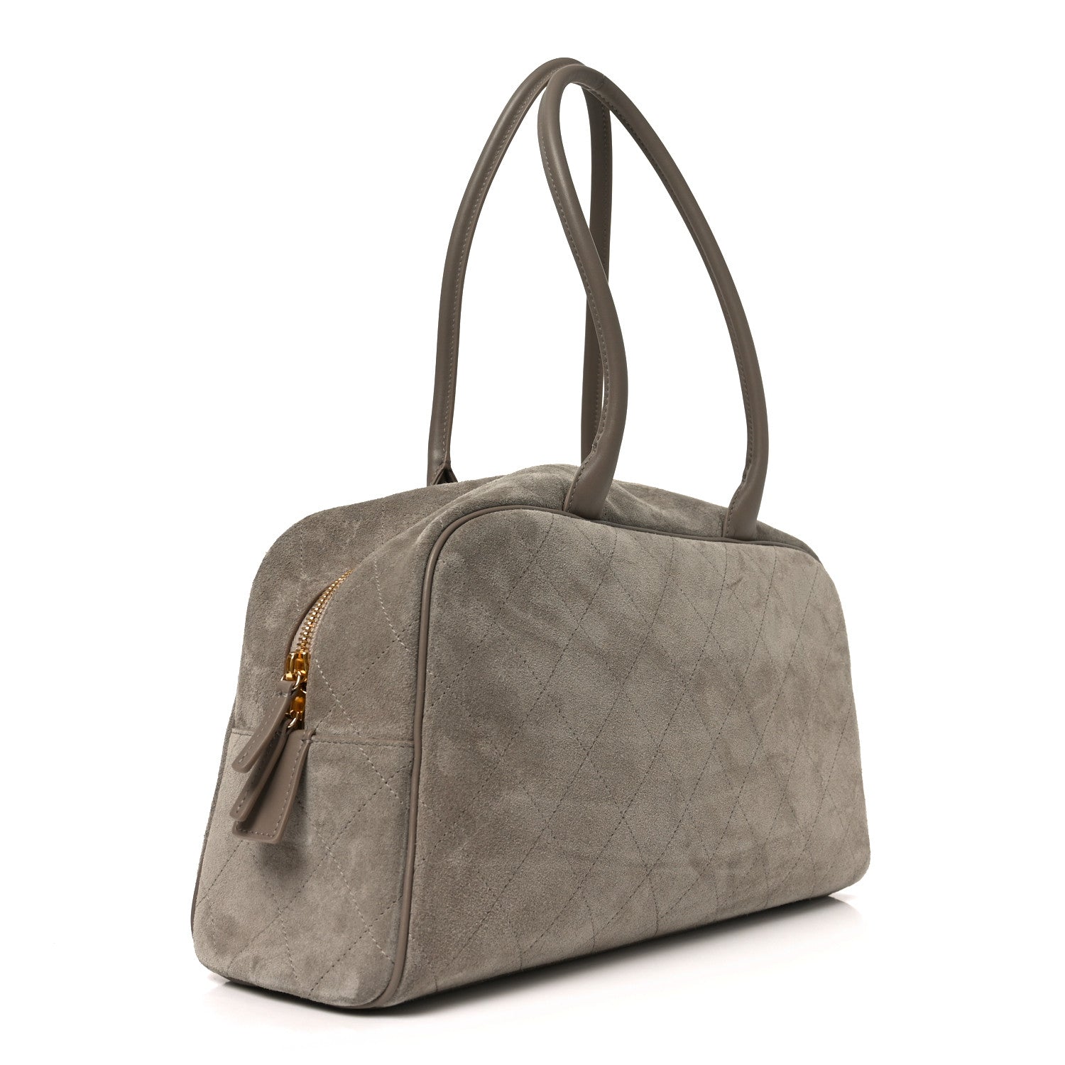 Suede Calfskin Quilted Large Perfect Bowling Bag Grey