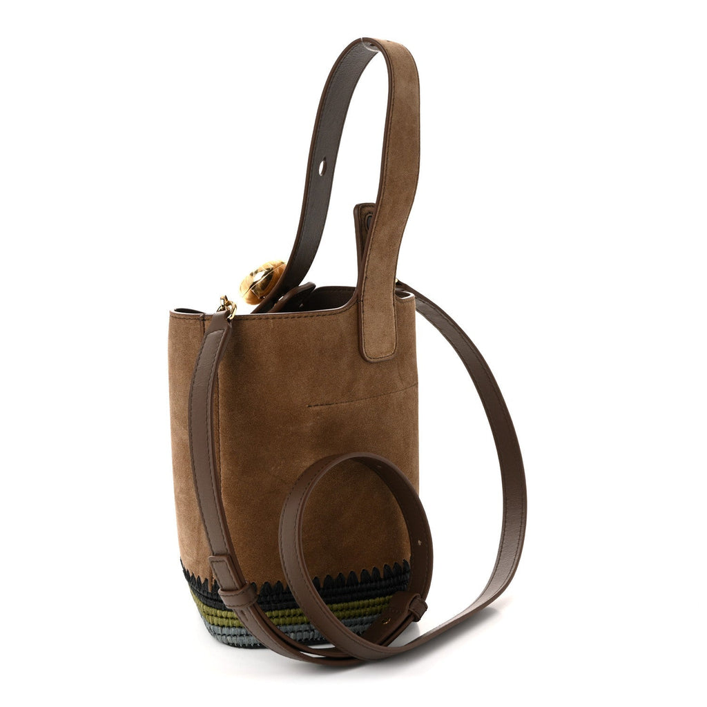 Suede Raffia Striped Mini Pebble Bucket Bag Brown