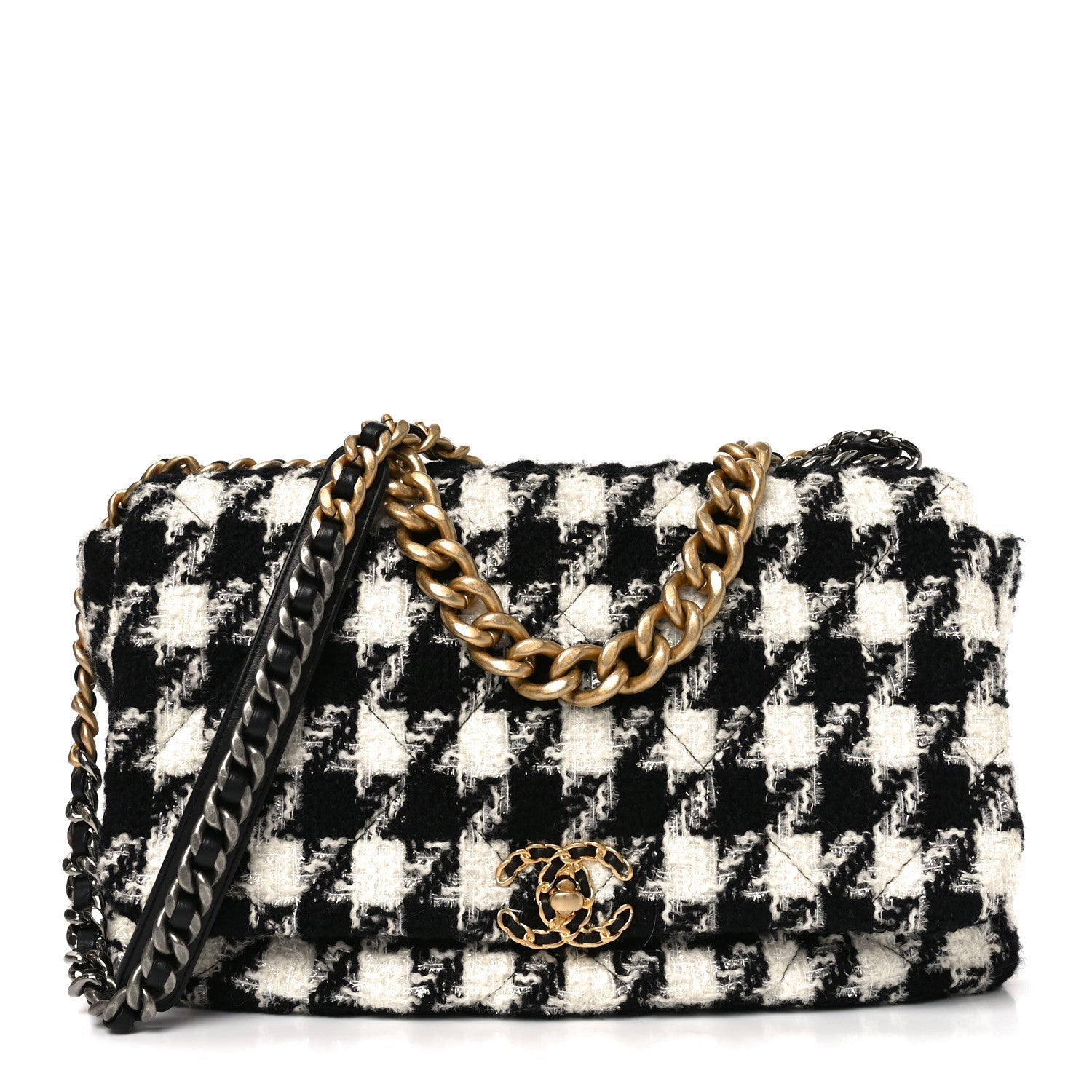 Tweed Quilted Maxi Chanel 19 Flap Black Ecru White