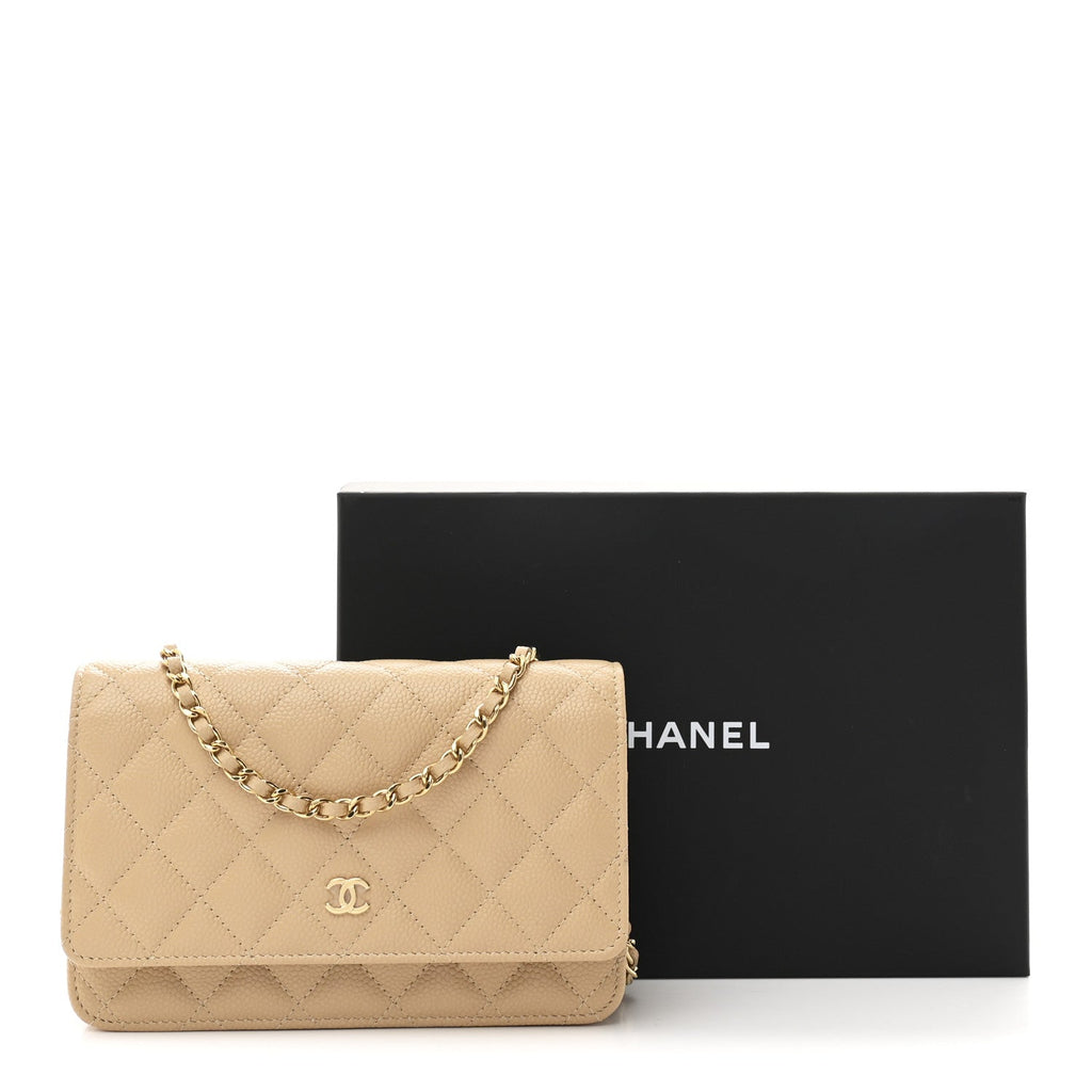 Caviar Quilted Wallet on Chain WOC Beige