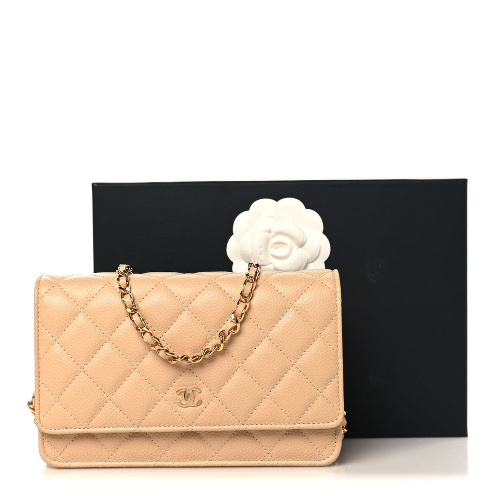 Caviar Quilted Wallet on Chain WOC Beige