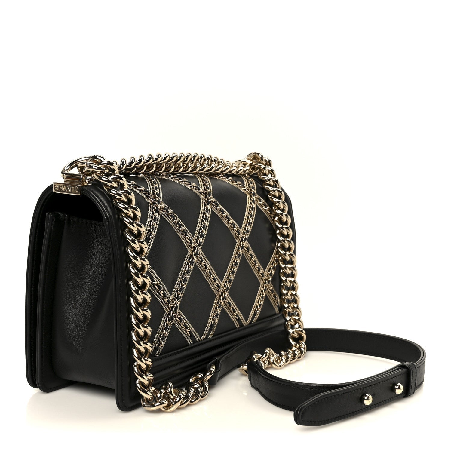Calfskin Quilted Medium Chain Detail Boy Flap Black