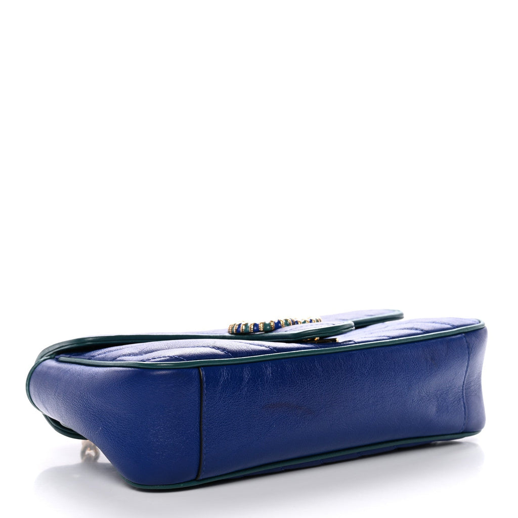 Azalea Calfskin Enamel Matelasse Diagonal Small Torchon GG Marmont Shoulder Bag Imperial Blue Pavone