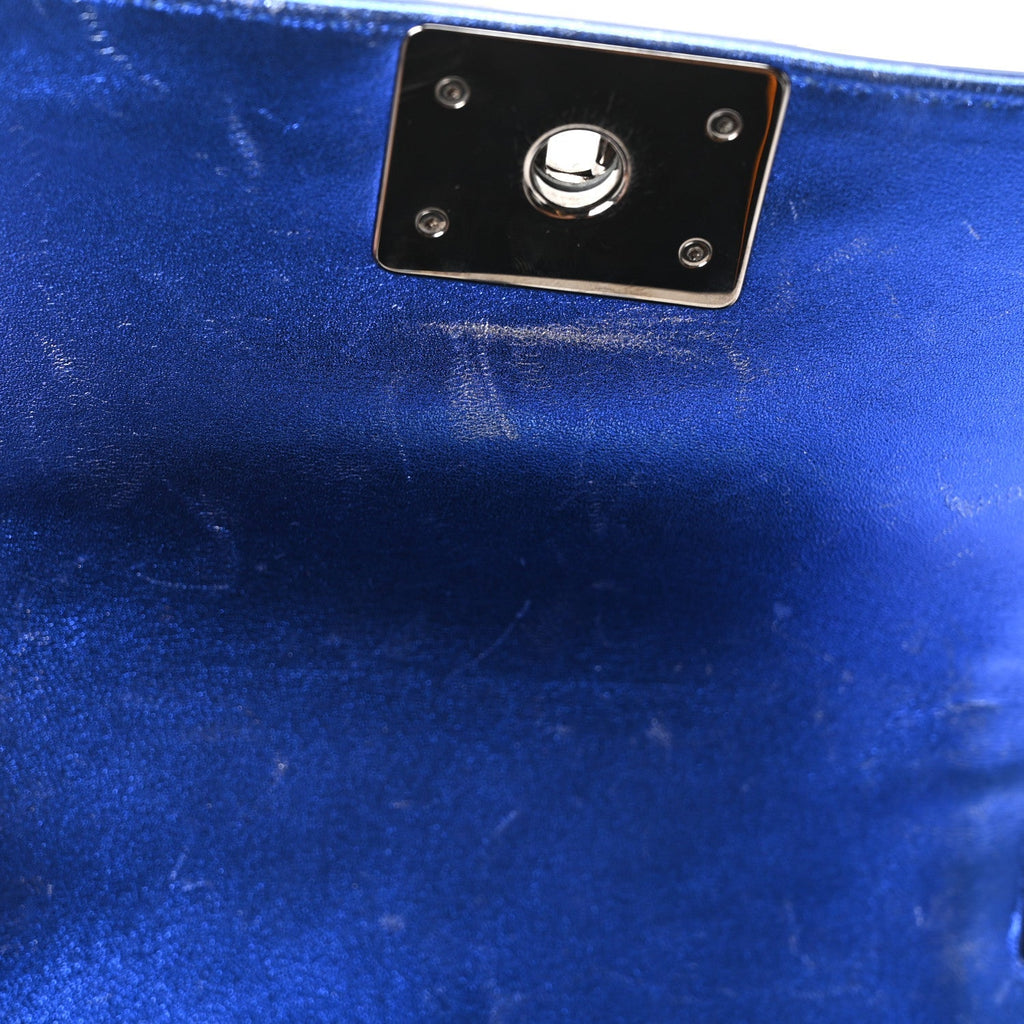 Metallic Patent Calfskin Quilted Small Boy Flap Blue