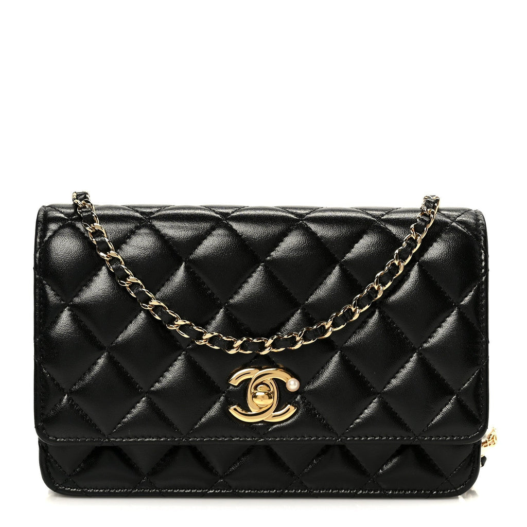 Shiny Lambskin Quilted CC Pearl Wallet on Chain WOC Black