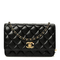 Shiny Lambskin Quilted CC Pearl Wallet on Chain WOC Black